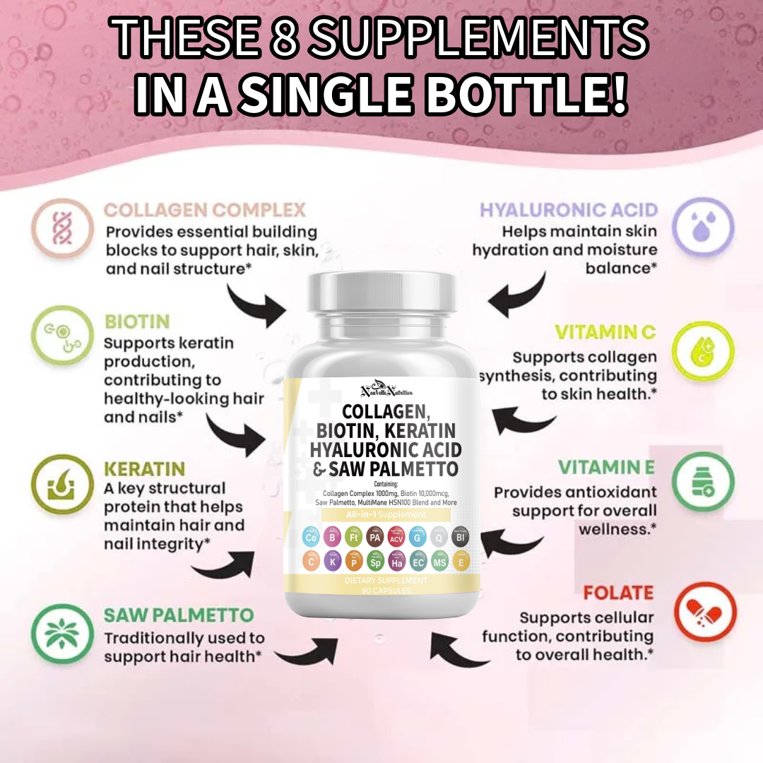 Collagen, Biotin, Keratin, Hyaluronic Acid, Saw Palmetto, Vitamin C, PABA, Pumpkin Seed, Quercetin, ACV, Folate, MSM, Vitamin E & Black Pepper – 90 Capsules