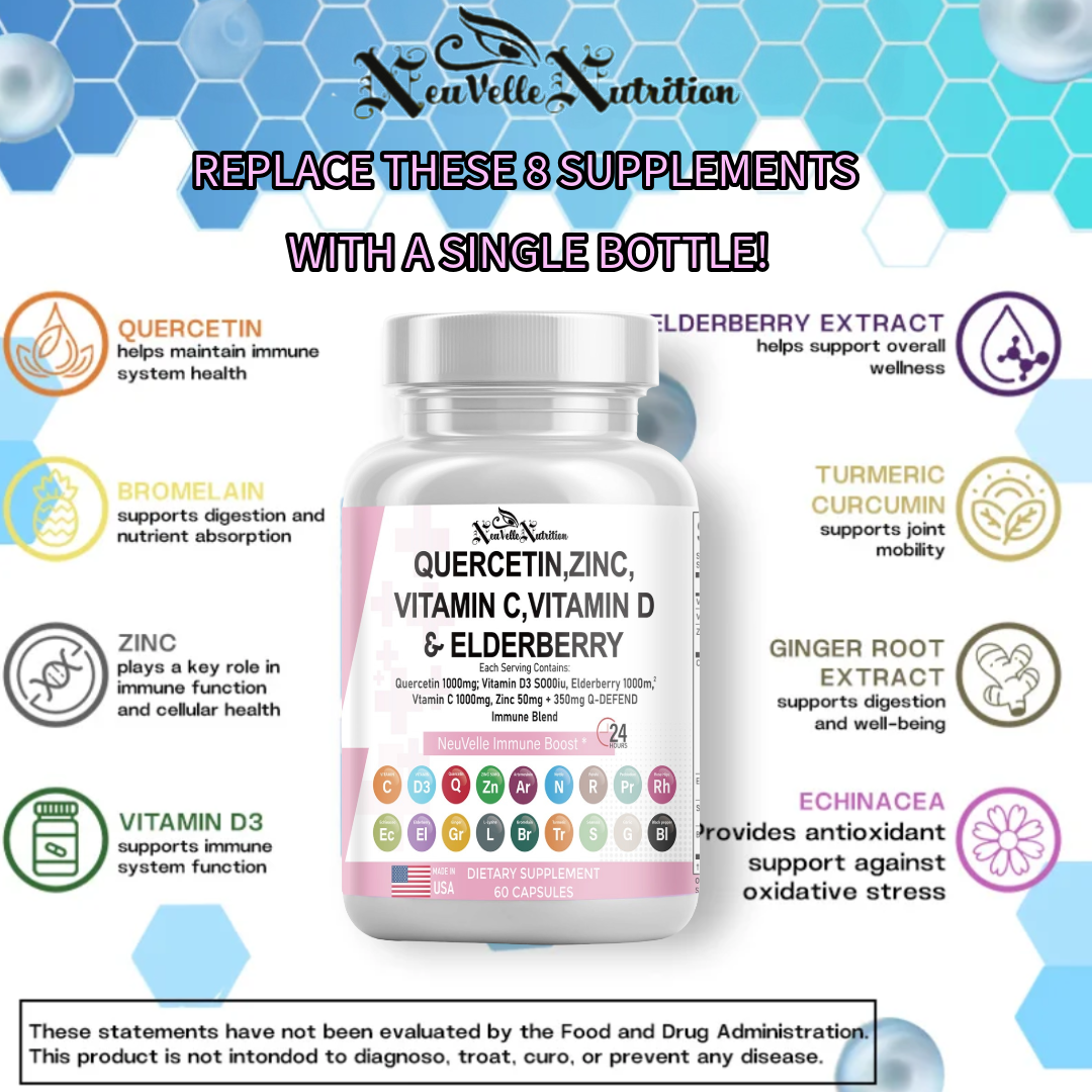 Quercetin, Zinc, Vitamin C, D, Elderberry, Ginger, Bromelain, Turmeric, Nettle, Reishi, Sea Moss, Garlic, Rose Hips & Black Pepper – 60 Vegan Capsules - ImmuneShield Complete Immune Support