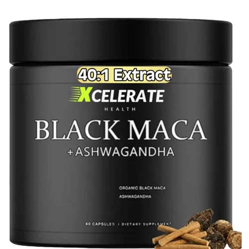Xcelerate Health PowerBoost 40:1 Extract Black Maca + Ashwagandha by – Energy, Focus, Libido & Vitality Support – Herbal Adaptogen Blend for Men & Women – 60 CAPS 40,000 MG