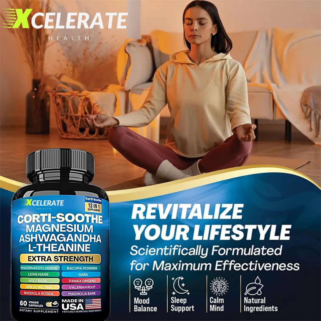13 in 1 Corti-Soothe Ashwagandha, Holy Basil, Lion’s Mane, Magnesium, L-Theanine, Ginseng, Valerian Root, Magnolia Bark, Ginkgo Biloba, Panax Ginseng GABA Cortisol Supplement
