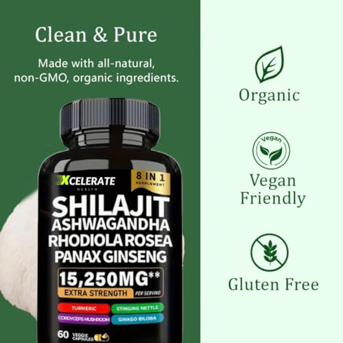 ShilaGandha Shilajit Ashwagandha Ginseng Cordyceps Turmeric Rhodiola Rosea Stinging Nettle Blend - 8 All-in-One Supplement - 2 Month Supply
