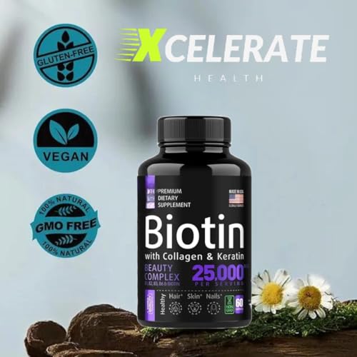 Biotin Collagen Keratin Capsules with Vitamin A, D3, B12, B6, Niacin, Thiamin, Riboflavin, Folate & Zinc – Vital for Hair, Skin & Nails Supplement – Beauty & Wellness Formula by Xcelerate Health