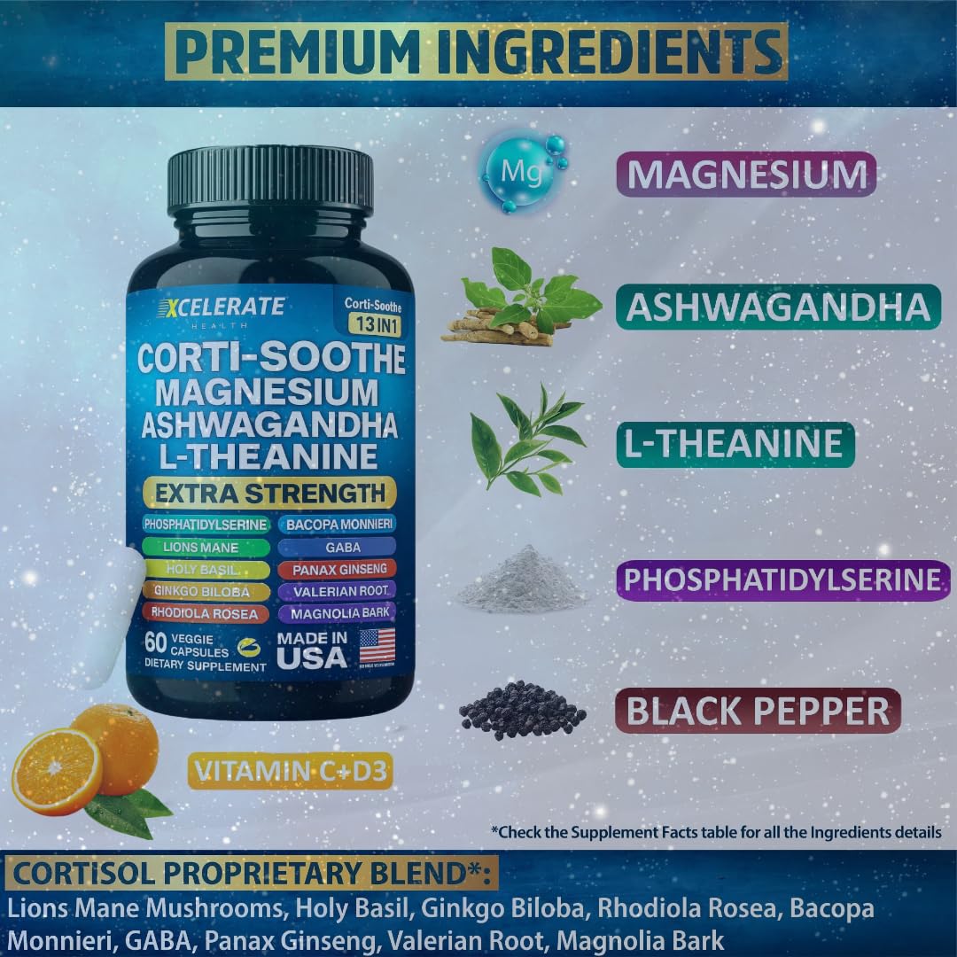13 in 1 Corti-Soothe Ashwagandha, Holy Basil, Lion’s Mane, Magnesium, L-Theanine, Ginseng, Valerian Root, Magnolia Bark, Ginkgo Biloba, Panax Ginseng GABA Cortisol Supplement