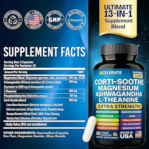 13 in 1 Corti-Soothe Ashwagandha, Holy Basil, Lion’s Mane, Magnesium, L-Theanine, Ginseng, Valerian Root, Magnolia Bark, Ginkgo Biloba, Panax Ginseng GABA Cortisol Supplement