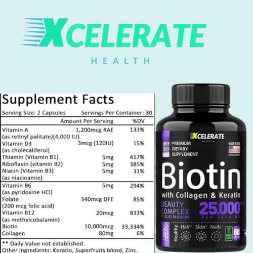 Biotin Collagen Keratin Capsules with Vitamin A, D3, B12, B6, Niacin, Thiamin, Riboflavin, Folate & Zinc – Vital for Hair, Skin & Nails Supplement – Beauty & Wellness Formula by Xcelerate Health