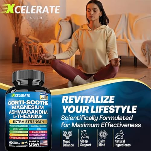 13 in 1 Corti-Soothe Ashwagandha, Holy Basil, Lion’s Mane, Magnesium, L-Theanine, Ginseng, Valerian Root, Magnolia Bark, Ginkgo Biloba, Panax Ginseng GABA Cortisol Supplement