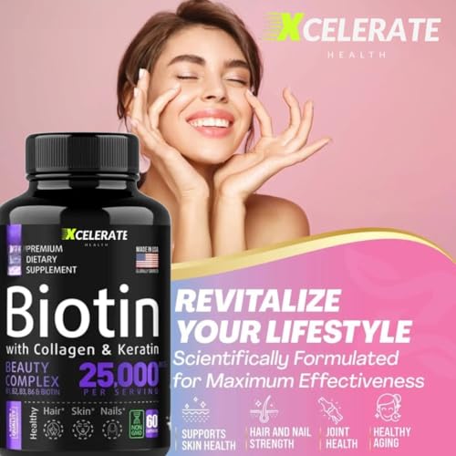 Biotin Collagen Keratin Capsules with Vitamin A, D3, B12, B6, Niacin, Thiamin, Riboflavin, Folate & Zinc – Vital for Hair, Skin & Nails Supplement – Beauty & Wellness Formula by Xcelerate Health