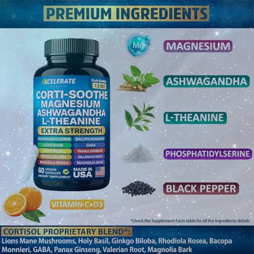 13 in 1 Corti-Soothe Ashwagandha, Holy Basil, Lion’s Mane, Magnesium, L-Theanine, Ginseng, Valerian Root, Magnolia Bark, Ginkgo Biloba, Panax Ginseng GABA Cortisol Supplement