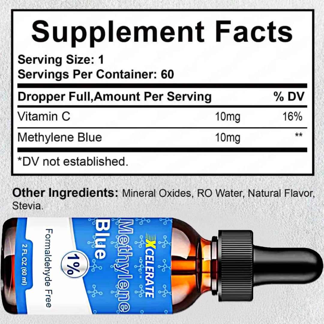 Xcelerate Health Methylene Blue | Formaldehyde-Free, Pharmaceutical Grade | Liquid Dropper Supplement | 1.69 FL OZ | Lab-Tested, Vegan & Non-GMO