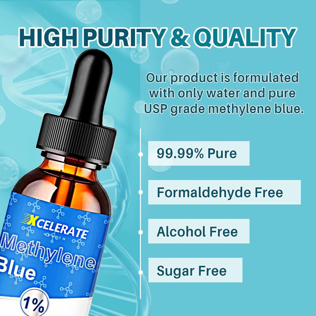 Xcelerate Health Methylene Blue | Formaldehyde-Free, Pharmaceutical Grade | Liquid Dropper Supplement | 1.69 FL OZ | Lab-Tested, Vegan & Non-GMO