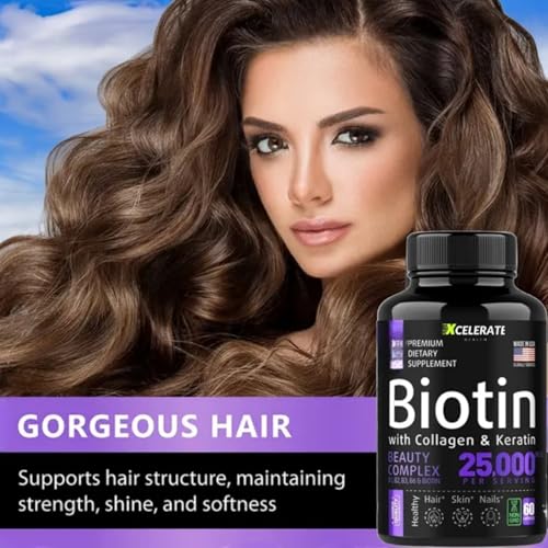 Biotin Collagen Keratin Capsules with Vitamin A, D3, B12, B6, Niacin, Thiamin, Riboflavin, Folate & Zinc – Vital for Hair, Skin & Nails Supplement – Beauty & Wellness Formula by Xcelerate Health