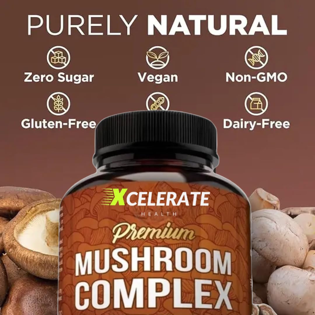 Xcelerate Health 10-in-1 Mushroom Complex Capsules – Lion’s Mane, Cordyceps, Reishi, Turkey Tail, Shiitake, Maitake, Royal Sun, White Button, Black Fungus & More – Immune, Focus & Energy Support