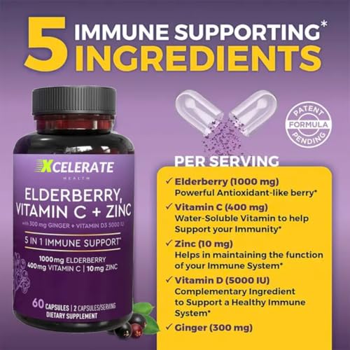 5 in 1 VitalGuard Elderberry Vitamin C Vitamin D Zinc and Ginger for Digestion and Heart Health and Immune Support
