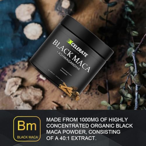 Xcelerate Health PowerBoost 40:1 Extract Black Maca + Ashwagandha by – Energy, Focus, Libido & Vitality Support – Herbal Adaptogen Blend for Men & Women – 60 CAPS 40,000 MG