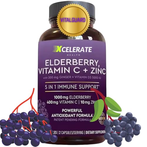 5 in 1 VitalGuard Elderberry Vitamin C Vitamin D Zinc and Ginger for Digestion and Heart Health and Immune Support